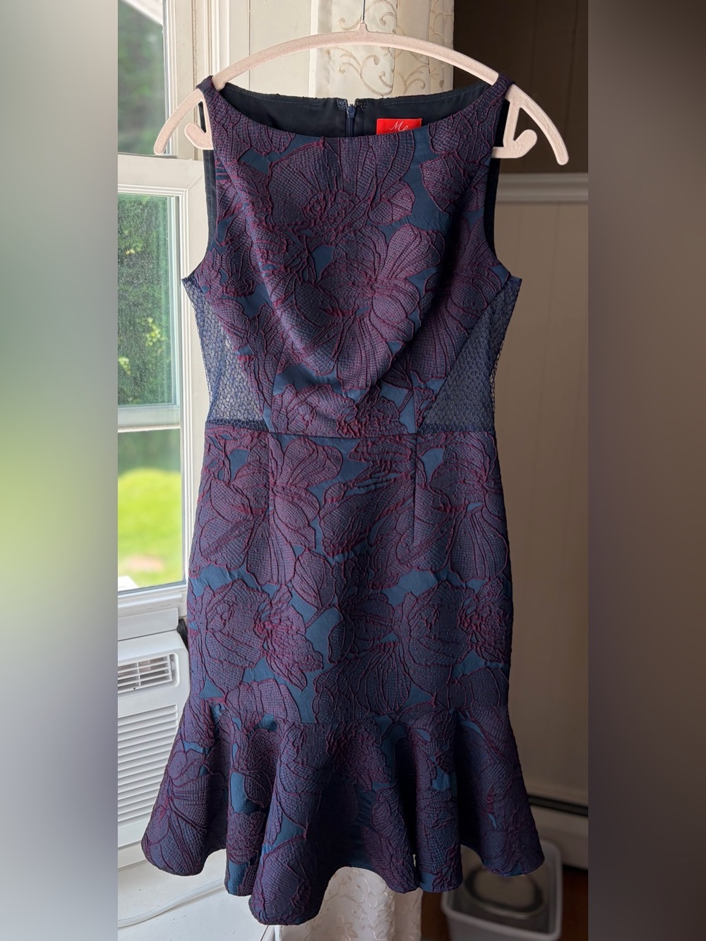 Monique Lhuillier Navy/Plum Flounce Fit Flare Midi Dress Sz 4 EUC Designer Luxe